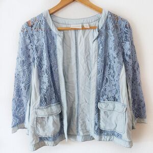 Chico's Women’s Chambray Lace Cut Out Blue Open Front Jacket Blazer Sz 1 – S